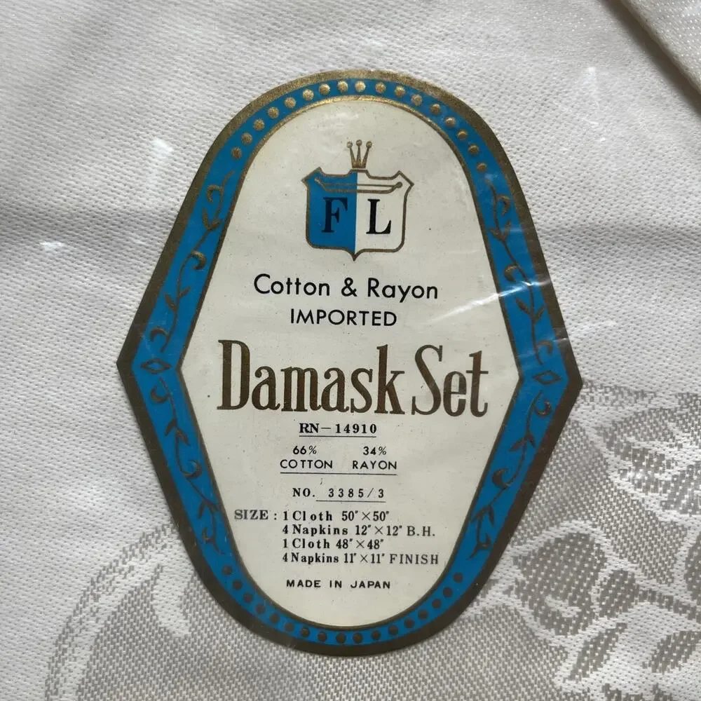 Vintage FL Damask Set Cotton Blend 2 Tablecloths & 8 Napkins Made In Japan NIP.